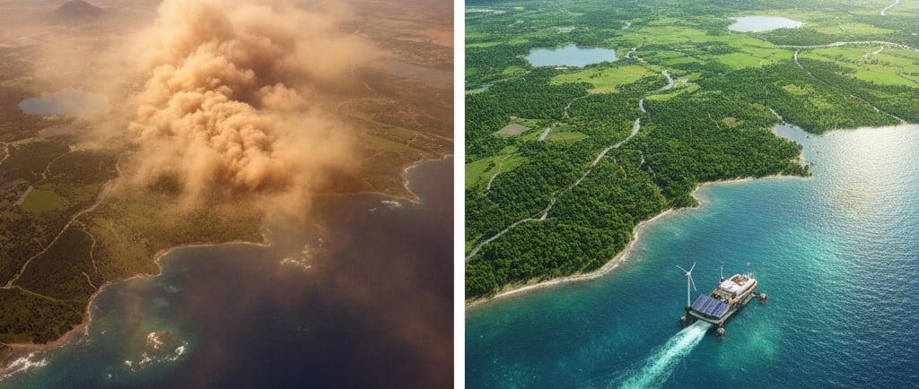 A split image. The left shows a dusty, red Saharan Air Layer flowing over the Atlantic. The right shows a clean, green 