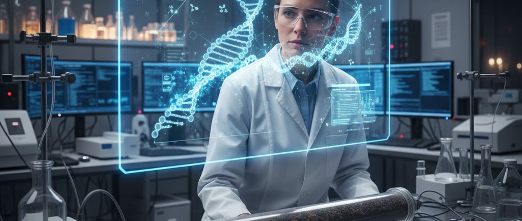  A scientist in a lab looking at a holographic display showing the reconstructed DNA of an extinct plant, derived from 
