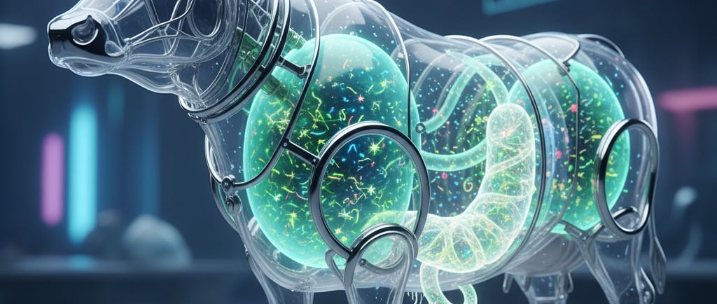A stylized, transparent view of a cow or oryx. Its rumen is shown as a glowing bioreactor, filled with dynamic microbe