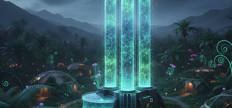 A futuristic, solar-powered atmospheric water generator (perhaps based on MOF technology) at night in a small settlement