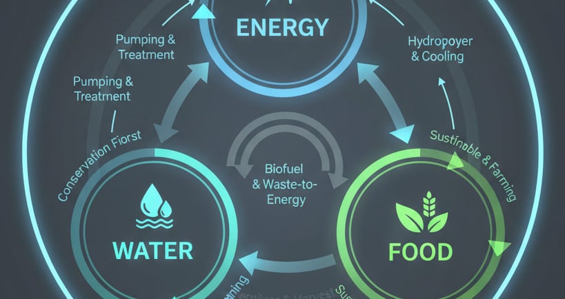 A clean, circular infographic with three main nodes labeled ENERGY, WATER, and FOOD. Glowing arrows connect them in 