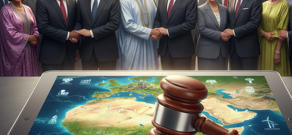A symbolic image of a gavel resting on a tablet that displays a map of the new Sahara with its resources. In the background