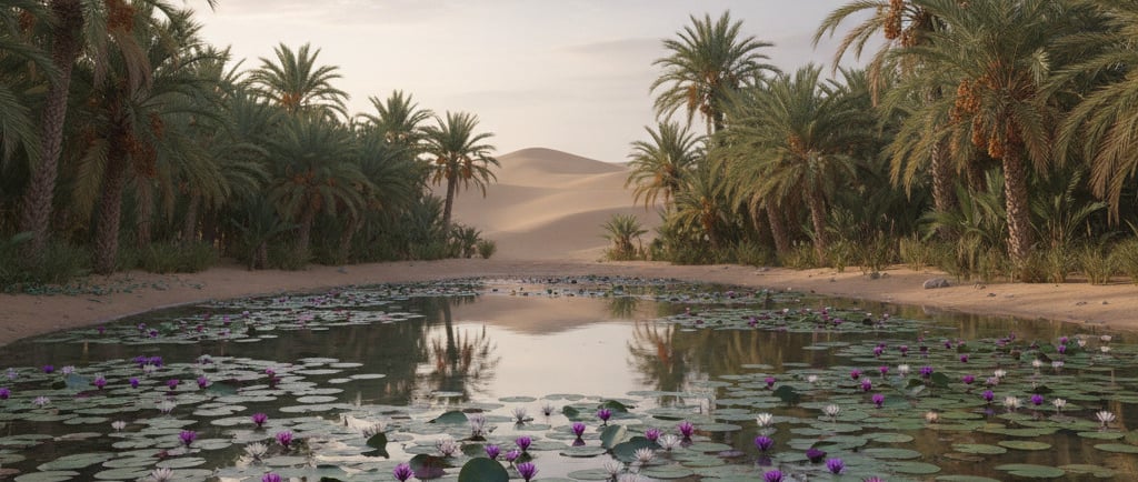 tranquil, ground-level shot of a lush oasis, with date palms ringing a clear pond filled with water lilies.