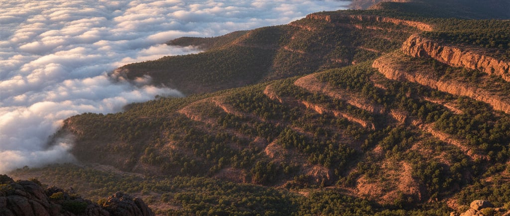 A sweeping vista from a high peak in the Hoggar Mountains, looking down over forested, terraced slopes and into a valley