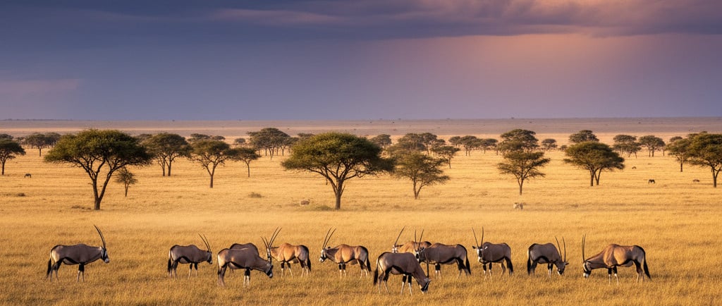 The New Savanna: A classic, wide-angle savanna scene: vast grasslands dotted with Acacia trees, a herd of oryx