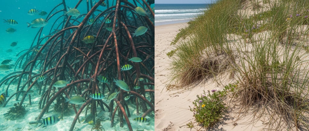Coastal Ecosystems: A split image showing the intricate, submerged roots of a new mangrove forest acting as a fish nursery