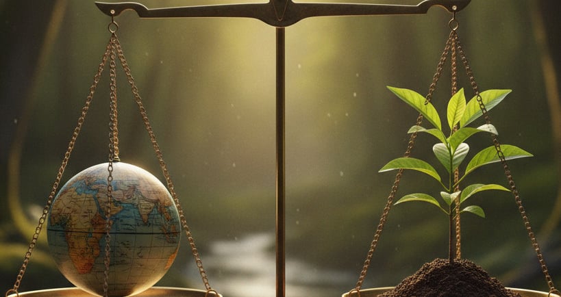 A symbolic image: a balanced scale, with one side holding a globe and the other holding a green sapling.