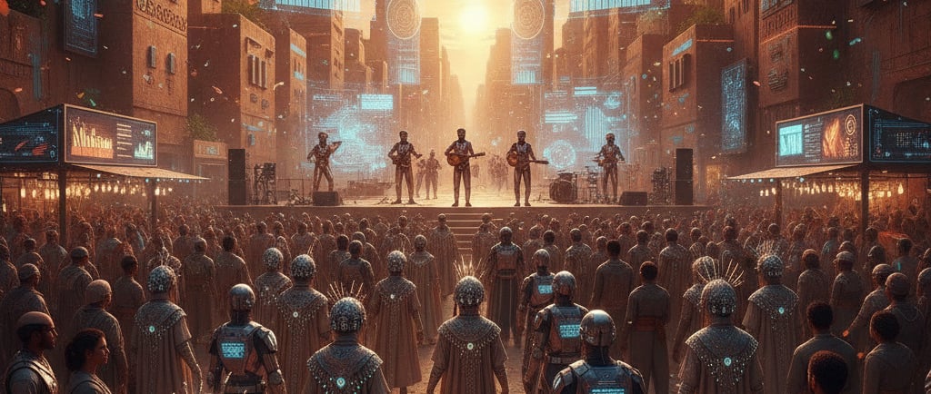 A vibrant street festival scene in a Neosaharan city, showing people in a mix of traditional and futuristic clothing