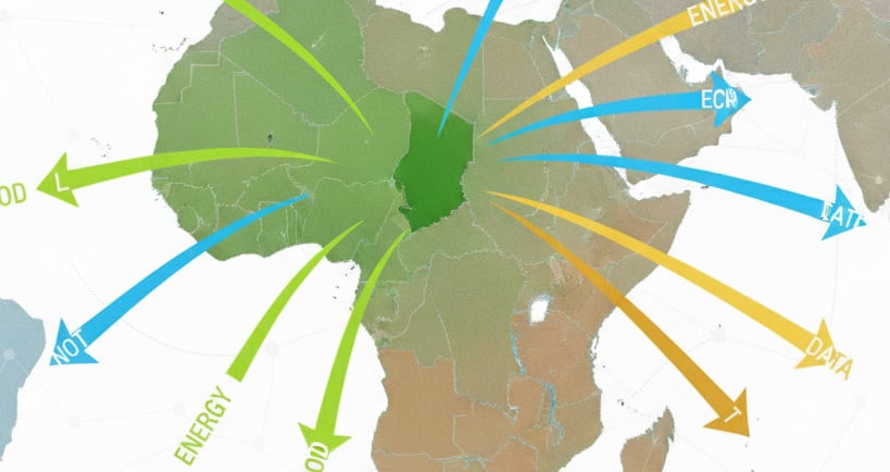 A global trade map, but with North Africa now shown as a major green hub, exporting bold arrows representing food