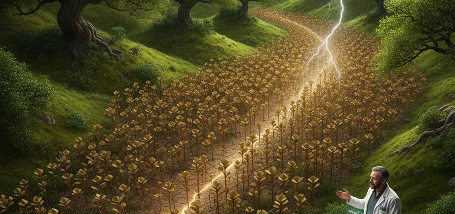 A dramatic, conceptual image. A beautiful, green landscape is shown, but a small part of it is cracking or turning
