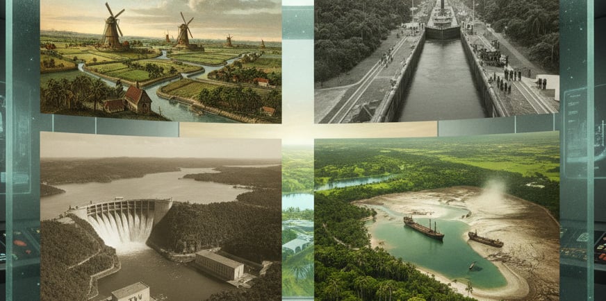 A montage of historical engineering projects: the Dutch Polders, the Panama Canal, the TVA dams, and the dried-up
