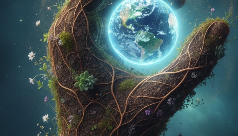 A powerful, abstract image of a human hand, made of earth and plants, gently cradling a small, glowing Earth
