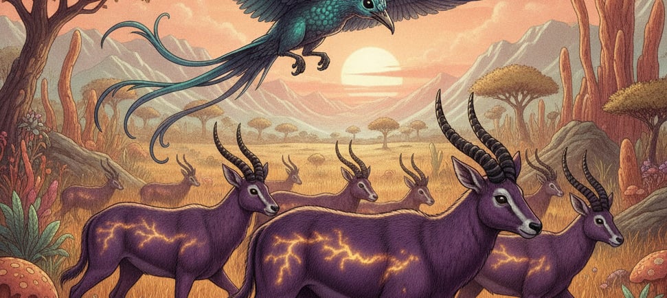 A speculative biology illustration showing a new, unique species of bird or gazelle that has evolved on the terraformed