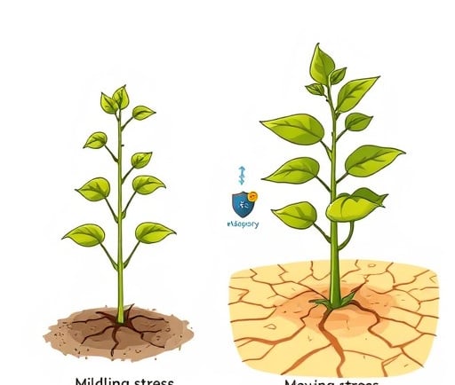 "Conceptual illustration: A plant shown in two stages. Stage 1: a smaller plant experiencing mild st