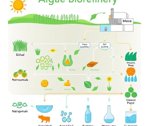 Illustrative flowchart showing an 'Algae Biorefinery.' Start with algae cultivation (sun, water, CO2