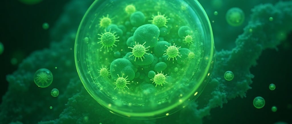 Infographic showing multiple benefits of microalgae in biofuel cells. Depict a central algal cell or