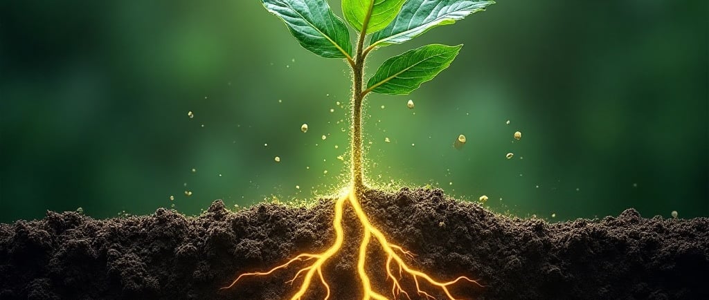 Abstract digital art: Intertwined plant roots, microbial shapes, and subtle electrical currents crea