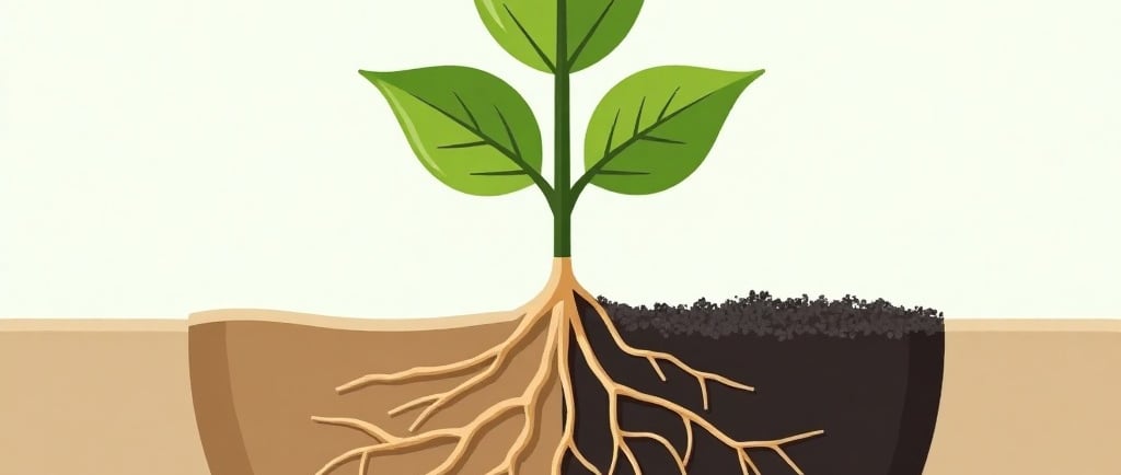 Conceptual illustration showing a single plant with its roots split down the middle. On the left side, the roots are in dry, 