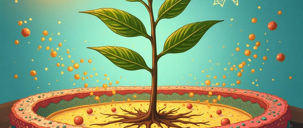 Conceptual illustration: A plant cell membrane with various lipids, under stress from sun and cracked earth symbols. Show som