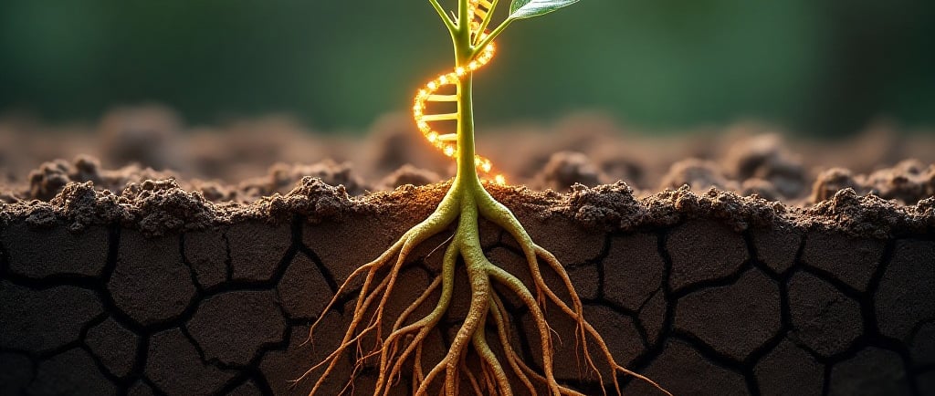 Conceptual illustration of a robust plant root system growing deep into dry, cracked soil. Weave a subtle, glowing DNA helix 