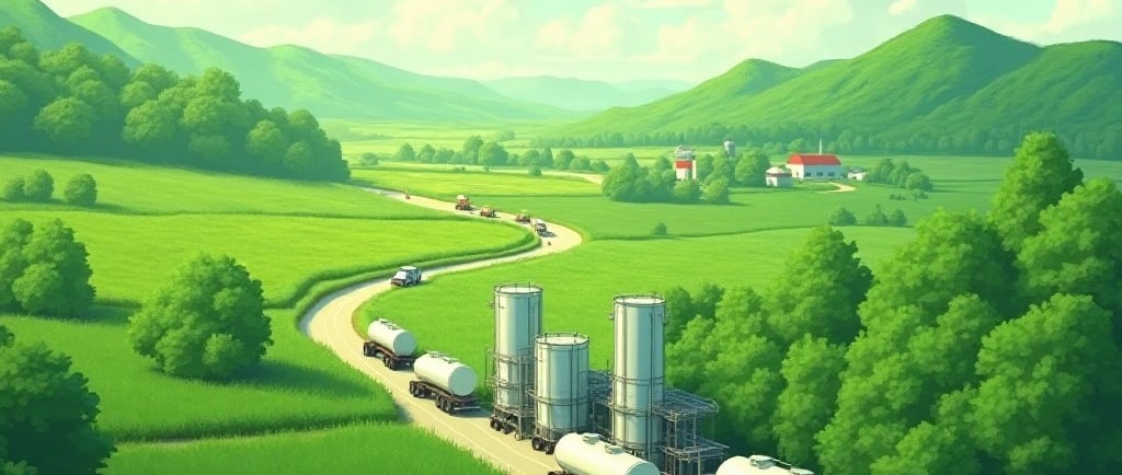Digital art illustration: A green, thriving landscape where one half shows agricultural fields, and the other half shows a cl