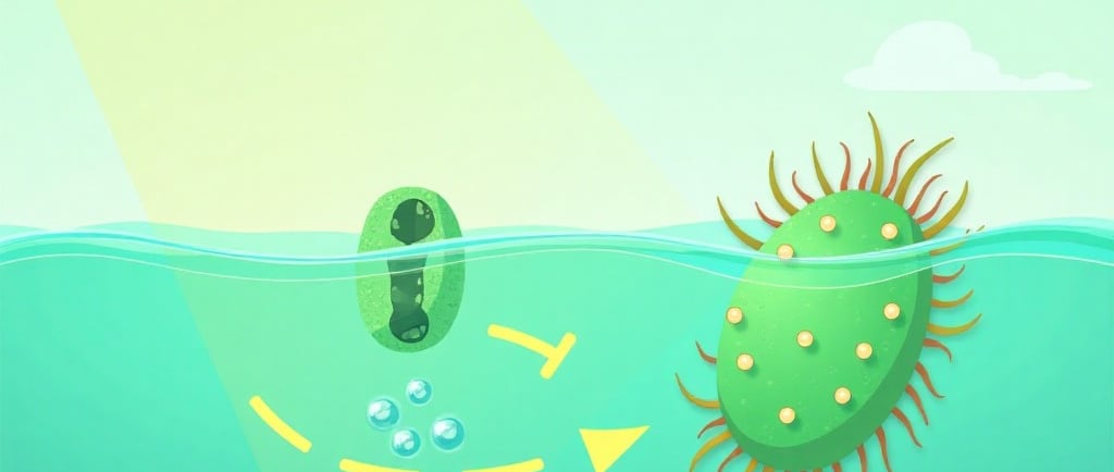 Conceptual illustration of bio-hydrogen production: Sunlight hitting a stylized green alga or cyanobacterium. Show a pathway 