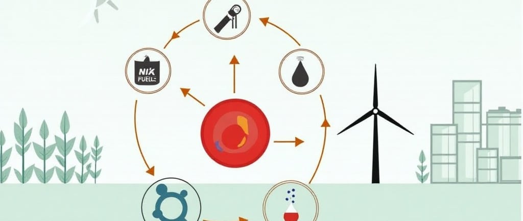 Conceptual illustration of a single-celled red alga (Cyanidioschyzon merolae) being used as a bio-factory. Show the simple al