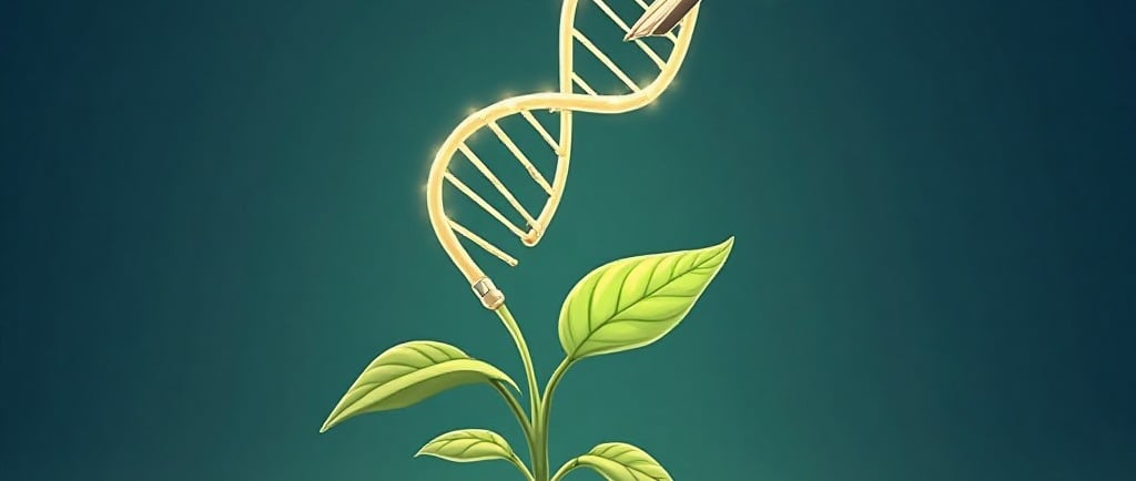 "Conceptual illustration: A strand of DNA is shown with a CRISPR-Cas9 tool, represented by glowing molecular scissors, precis