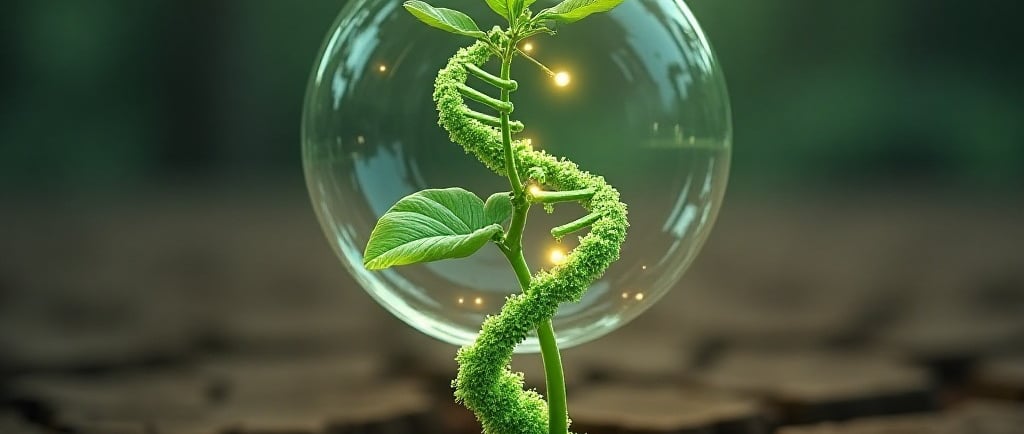 Conceptual scientific illustration of a thriving plant growing in cracked, dry earth. Show a magnified, translucent view of t