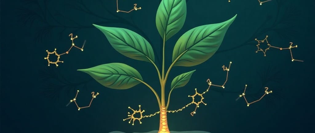 Conceptual illustration of plant science and evolution. In the foreground, a detailed, glowing plant root system. Abstract en