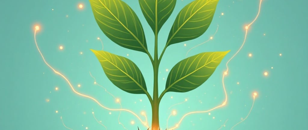 Conceptual illustration of plant resilience: Show a single plant growing strong. From its roots, show abstract, glowing, inte