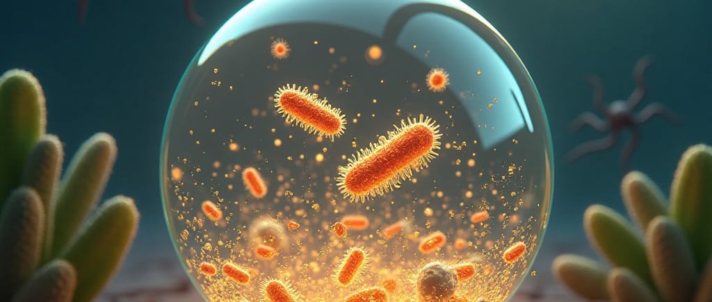 Conceptual illustration: Tiny glowing bacteria and fungi being gently enclosed in protective, translucent spheres (capsules).