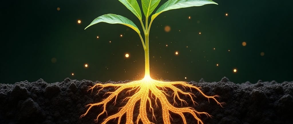 Abstract digital art: A plant root system glowing with a protective network of fungal mycelium. Tiny nanoparticle dots are be