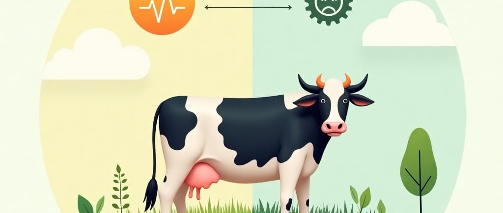 Conceptual illustration: A dairy cow standing in a field, with one half of the background showing a lush green pasture under 
