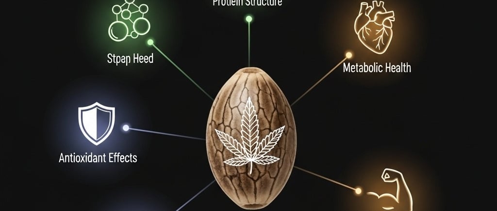 Conceptual illustration for a science blog about hemp seed protein. In the center, a stylized hemp seed. Radiating outwards, 