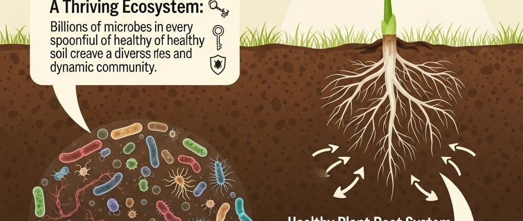 Conceptual infographic showing the relationship between a healthy plant root system and a diverse soil microbiome. Illustrate
