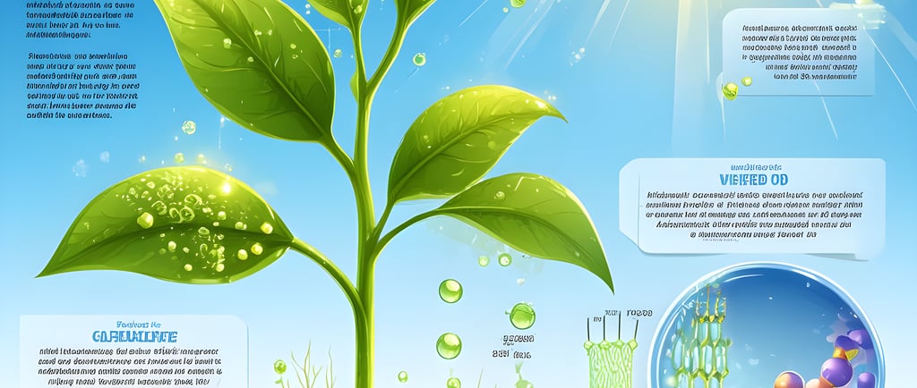 Conceptual illustration: A plant under a bright sun in slightly dry soil. Tiny, glowing nanosilicon 