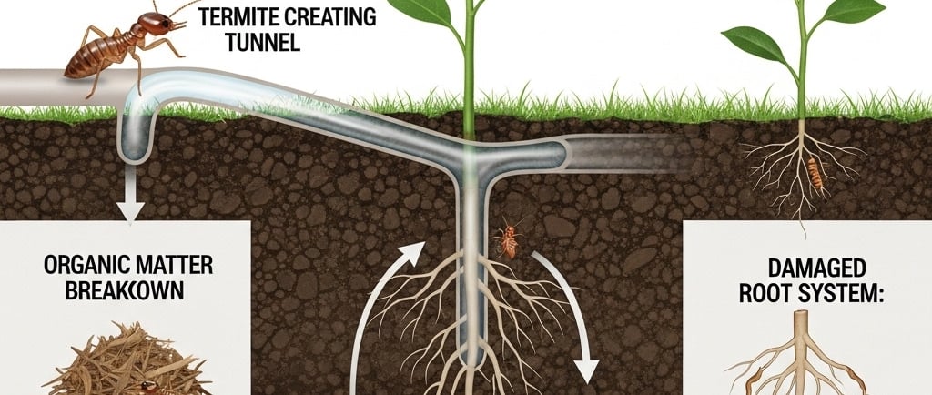 Create a conceptual illustration in a clear, scientific infographic style. Show a cross-section of soil with a plant growing 