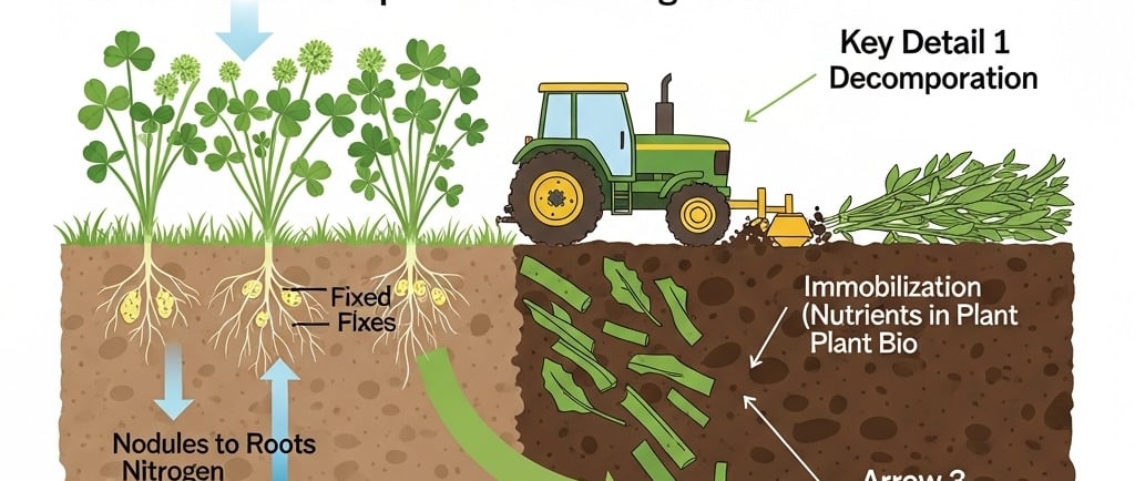 Conceptual illustration showing the soil nitrogen cycle with green manure. On one side, show a vibrant green manure crop (lik