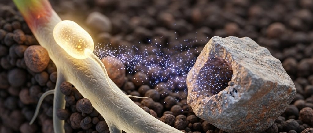 Digital art: A close-up view of a single plant root hair in soil. Show a glowing, beneficial bacterium (PSB) on its surface, 