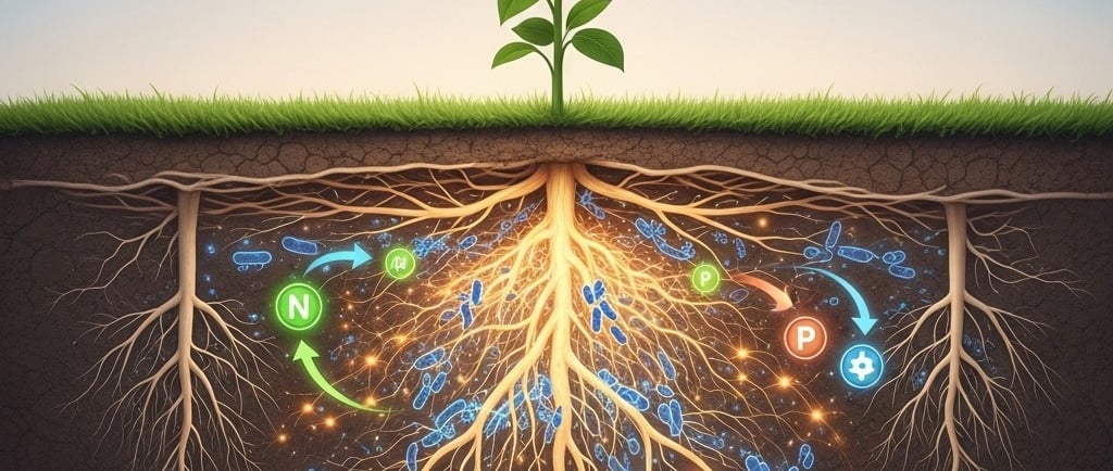 Conceptual illustration of a healthy plant with its root system visible underground. The roots are intertwined with a vibrant
