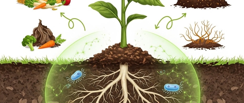 Conceptual illustration for a sustainable agriculture article. Show a central, vibrant, healthy plant with a strong root syst