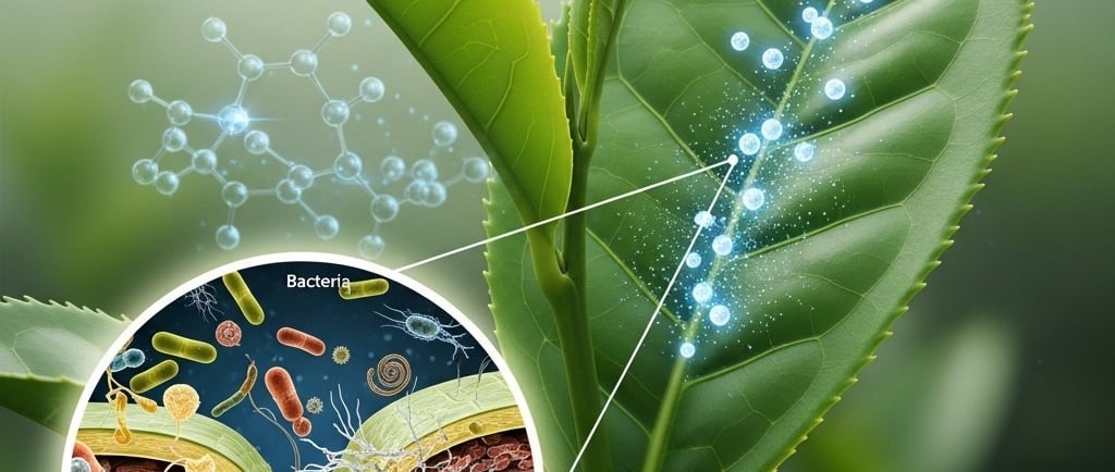 Conceptual illustration of a vibrant tea plant leaf. Show tiny, glowing zinc oxide nanoparticles being absorbed. A magnified 