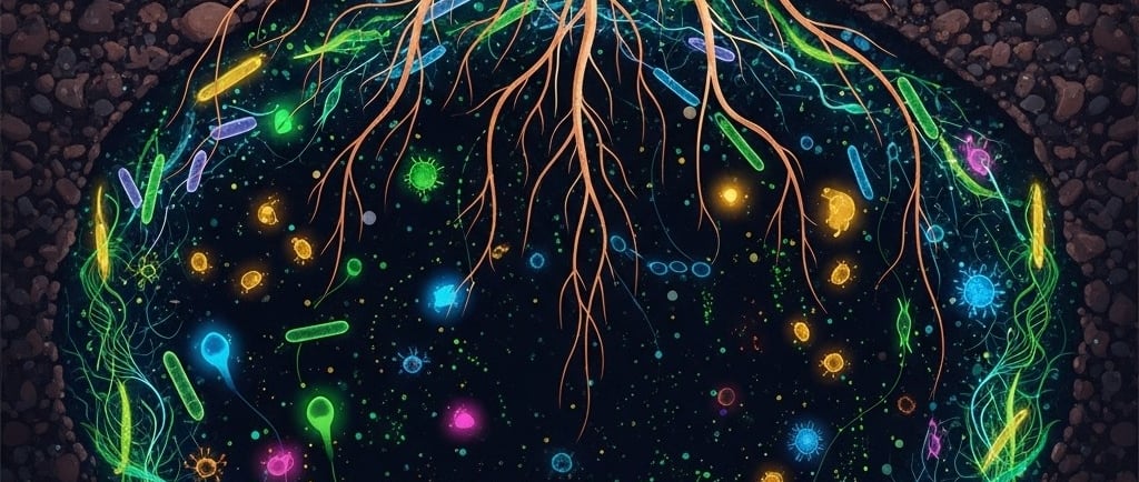 Conceptual illustration of a cross-section of rich, dark soil. Plant roots are visible, extending downwards. The soil is teem