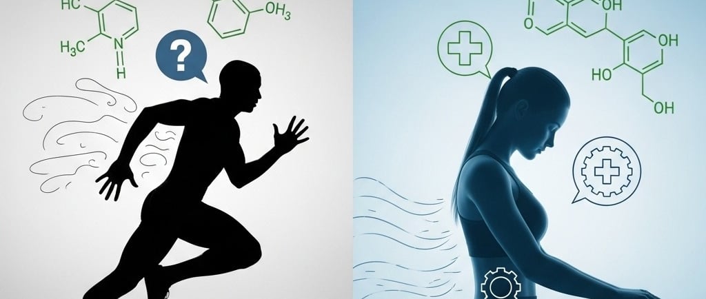 Conceptual illustration about cannabis and sports science. Create a split-image graphic. On the left side, show a silhouette 