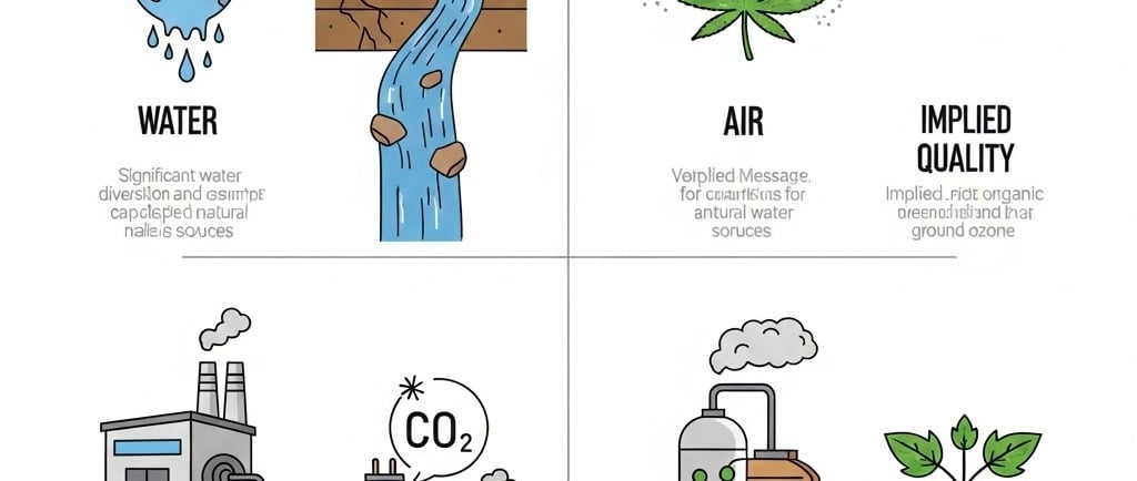 Create a conceptual infographic that visually summarizes the environmental impacts of cannabis cultivation. The image should