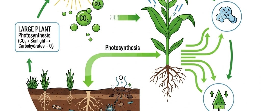 Create a vibrant infographic illustration showing the 'Carbohydrate Flow in Agricultural Ecosystems.' In the center, a styliz