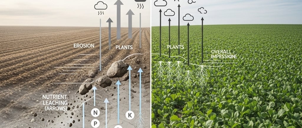Create a conceptual illustration showing the benefits of cover crops in agriculture. On one side of a split image, depict bar