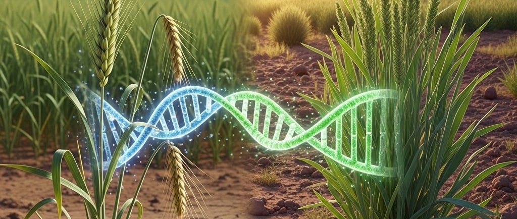 Create a conceptual illustration in a hopeful, scientific style. On the left, show a modern, high-yield wheat plant looking s