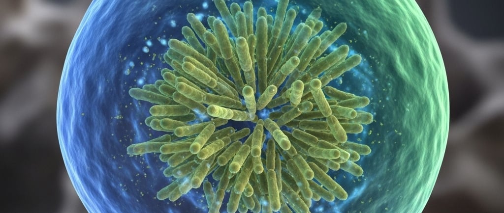 Microscopic view of beneficial soil bacteria being encapsulated in alginate microbeads. Show the bacteria being trapped insid